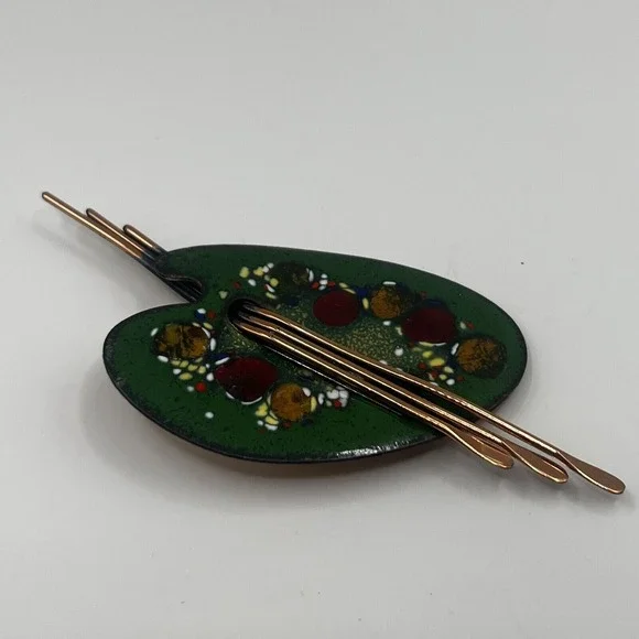 Vtg 1950's Matisse Renoir Enamel Copper Artist Palette Brooch & Clip Earrings - Picture 3 of 5